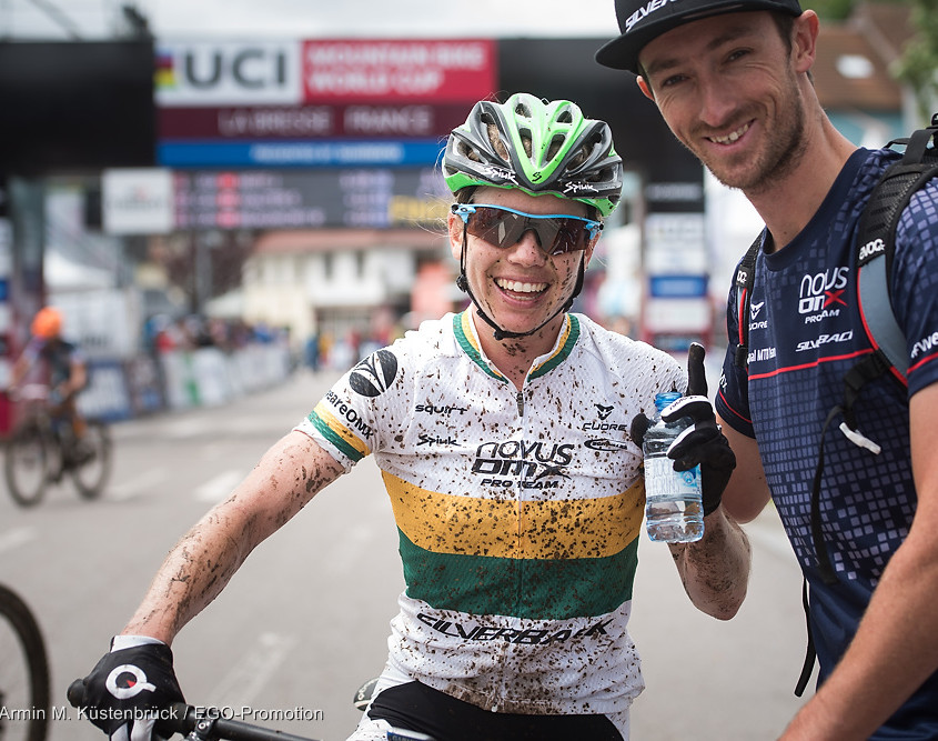 All smiles at the finish line of the 2016 La Bresse World Cup, with Team Manager Paul.